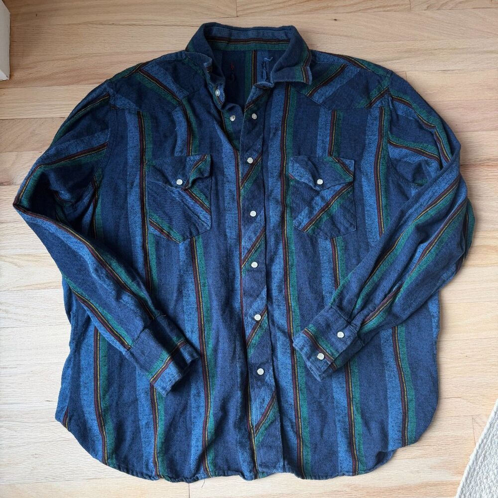 Vintage Wrangler Western Pearl Snap Shirt Blue Striped Cowboy 90s - Large
